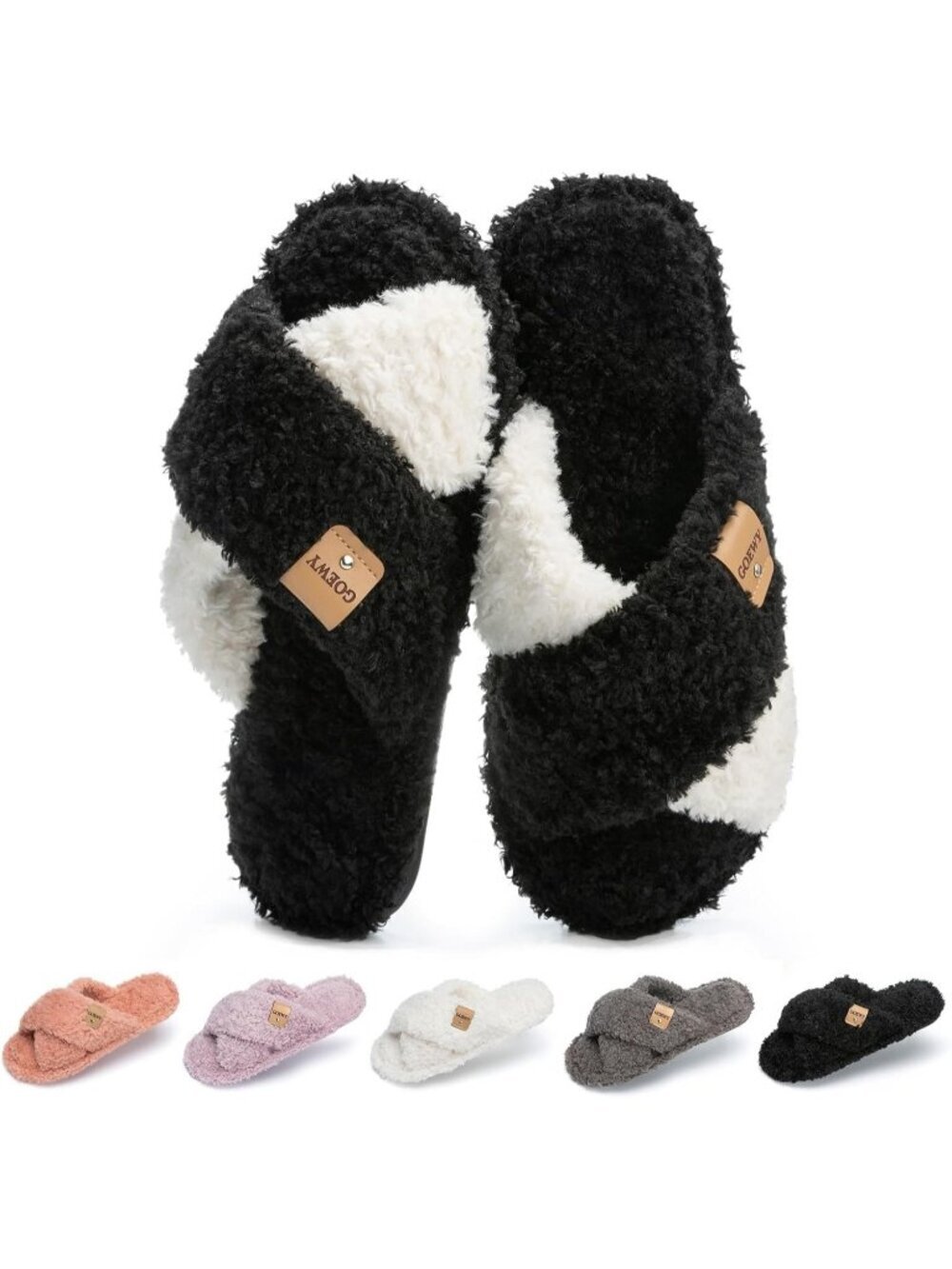 Women's Black White Cross Band Indoor and Outdoor Fuzzy Open Toe Slipper Shoes